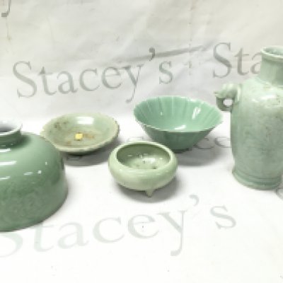 Chinese Celadon glazed ceramics including a water vase with six character mark at the base, dishes/ bowls and a elephant head handled vase (18.5cm tall ). This lot cannot be posted