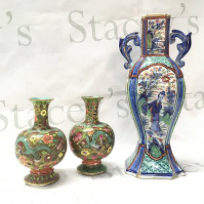 A pair of Chinese Cloisonne vases (13cm tall) and a twin handled hand painted vase . (26cm tall). This lot cannot be posted