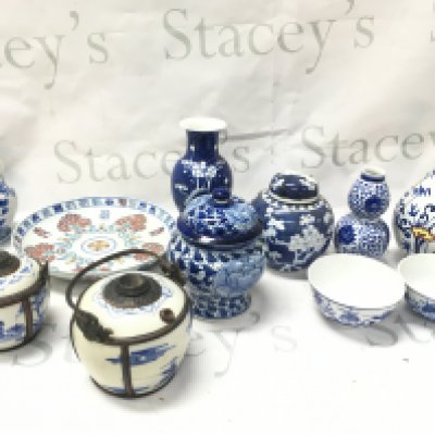 A collection of Chinese blue and white ceramics including a ginger jar, various vases , bowls Etc . This lot cannot be posted