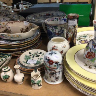 A collection of Victorian and later Ironstone china comprising a large selection of plates jugs shaped dishes a two handled cup tureens etc. NO RESERVE