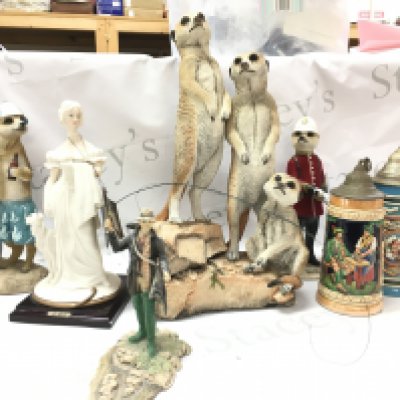 Meerkat Country Artists resin figures, Bruno Merli figure, german porcelain tankards. This lot cannot be posted - NO RESERVE