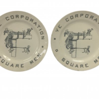 A pair Staffordshire pottery plates with Masonic caricature decoration 'Ye Corporation O' Square Men' together with additional Masonic ceramics.