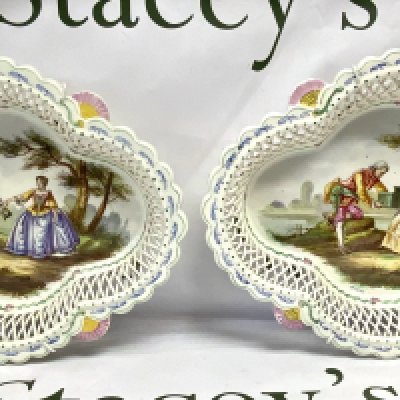 2 Lille pottery basket weave design bowls , 30cm x 23cm, hand painted scenes.