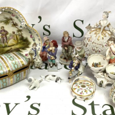 A small collection of porcelain figures etc to include a Lille faience pottery trefoil pierced dish, Perfume bottle, Trinket box etc. (D)