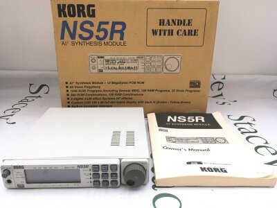 A boxed Korg NS5R AI2 synthesizer module. Comes with instruction manual.