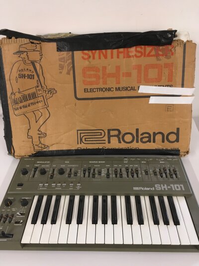 A boxed Roland SH101 keyboard. Comes with manual.