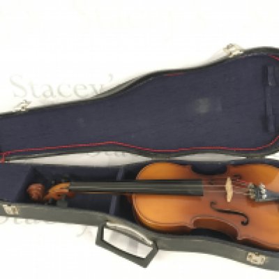 A cased modern violin.
