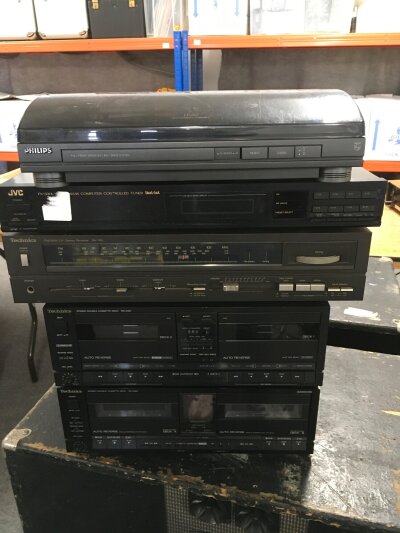 A box of HiFi equipment comprising two Technics RS-X301 cassette decks, Technics SA-110L stere receiver etc.
