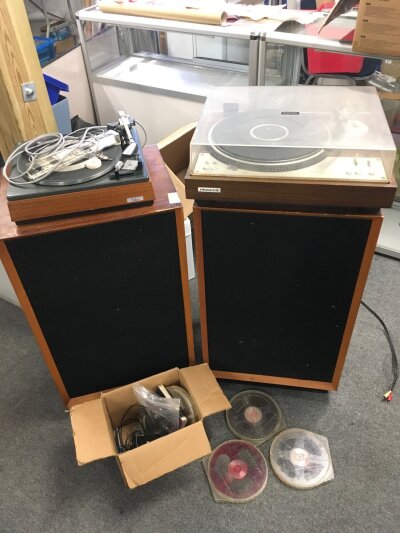 A Pioneer PL-530 turntable and one other, a pair of large floor standing speakers and a box of reels (5).
