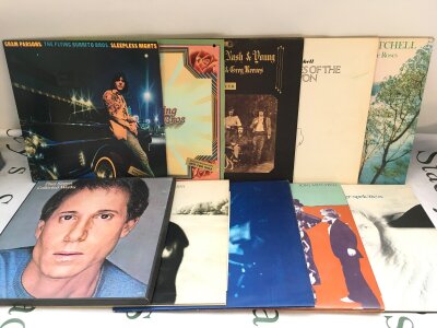 Ten folk rock LPs by various artists including Gram Parsons, CSNY, Joni Mitchell and others. Includes a Paul Simon promotional box set release.
