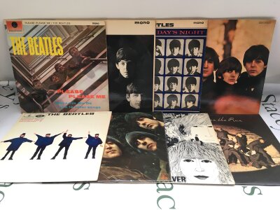 Eight early UK pressings of Beatles and related LPs comprising the first seven Beatles UK LPs plus Band On The Run by Wings. All VG+/EX.