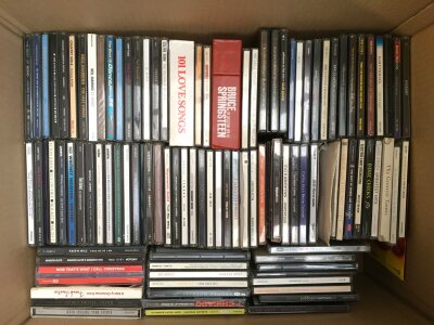 Two boxes of CDs by various  artists from the 1960s onwards.