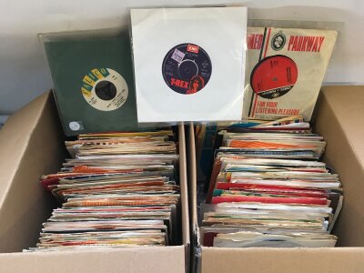 Two small boxes containing a collection of 7" singles by various artists including The Rolling Stones, Kinks, T Rex and many more,