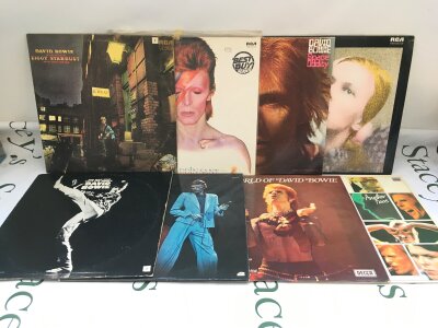 Eight David Bowie LPs comprising Ziggy Stardust, Hunky Dory, Aladdin Sane and others.