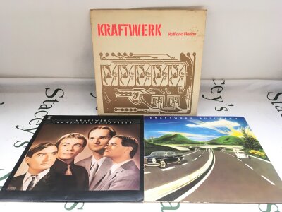 Two Kraftwerk LPs and a 12" single comprising an early UK pressing of Ralf And Florian, one small feelable scratch.