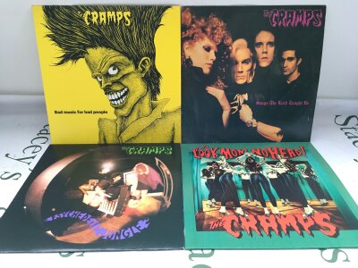 Four LPs by The Cramps comprising Bad Music For Bad People, Look Mom No Head, Psychedelic Jungle and Songs The Lord Taught Us.