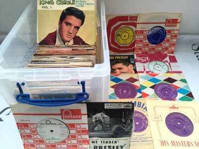 A box of approx 150 rockabilly, rock n roll and rhythm n blues 7" singles and EPs including demonstration discs.