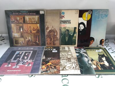 Ten LPs by various artists including The Doors, Jethro Tull, Family and The Lovin Spoonful.