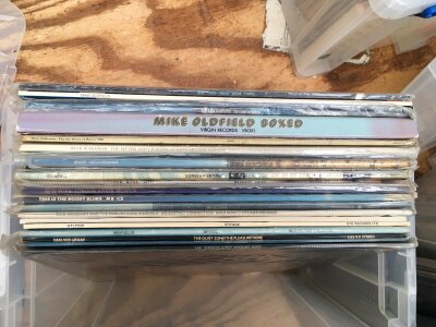 A box of Prog rock LPs by various artists including Genesis, Van Der Graaf, Rick Wakeman and others.