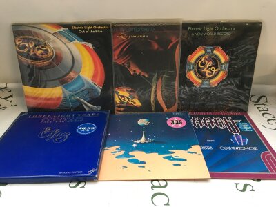 Two bags containing ELO and 10CC LPs comprising Out Of The Blue, Discovery, Consequences and others.