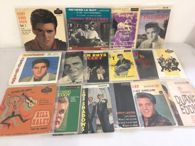 Sixteen rock n roll and pop EPs by various artists including Johnny Burnette, Ricky Nelson, Elvis Presley and others.