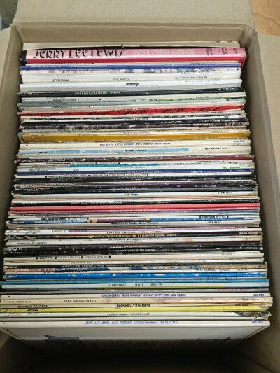 A box of approx 100 rock n roll and rockabilly LPs by various artists including Marty Wilde, Carl Perkins, Jerry Lee Lewis and others.