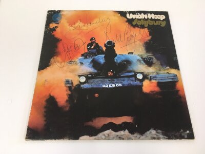 A first UK pressing of the Salisbury LP by Uriah Heep in original UK 1970 gatefold sleeve with Vertigo swirl inner sleeve, 6360 028. Signed to the front by David Byron, Ken Hensley and John Fiddy. Vinyl EX.