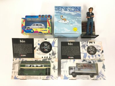 A John Lennon Anthology 4CD box set, three boxed die cast Corgi Beatles related vehicles and a John Lennon statuette (5).