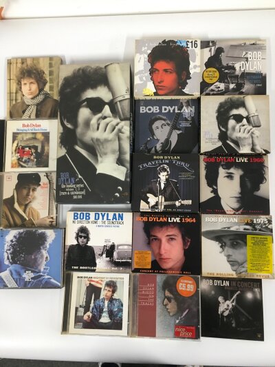 A collection of Bob Dylan CDs including a Bootleg Series long box set, Biograph and others.