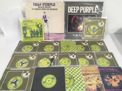 A collection of Deep Purple records comprising seventeen 7" and two 12" singles including rare demo discs on the Harvest label.
