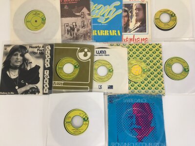 Twelve 7" singles on the Harvest label by various artists including Spontaneous Combustion, Duran Duran, Clare Torry and others.