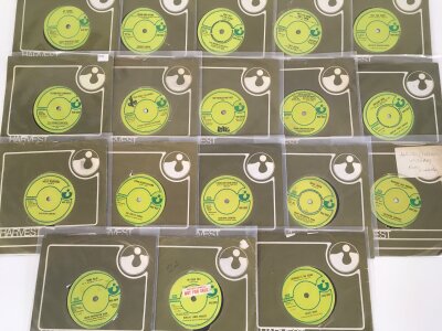 Thirty six 7" singles on the Harvest label by various artists including Praying Mantis, The Pretty Things, Soundhouse Tapes Pt 2 and others. Includes a Bruce Foxton signed record.