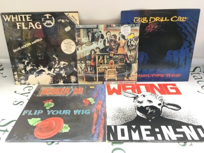 Five alt rock and punk LPs by various artists including Husker Du, Nomeansno and others,