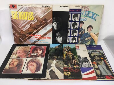 Nine Beatles LPs comprising 1970s/80s reissues of Please Please Me, Sgt Pepper and others plus a Portuguese pressing of Let It Be.