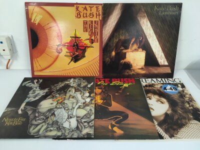 Five Kate Bush LPs comprising a Japanese pressing of On stage, Lionheart, The Kick Inside and others.