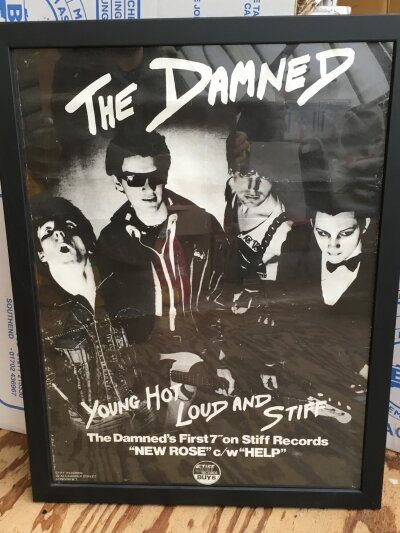 A framed and glazed poster for The Damned's debut single New Rose, approx 51cm x 66cm.