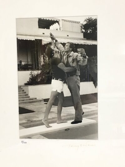 Terry O'Neill CBE 1938-2019. A framed and glazed limited edition gelatin silver print of Peter Sellers and Lord Snowdon signed and numbered by Terry O'Neill to the mount, 8/150. Approx size including frame 38cm x 46cm.
