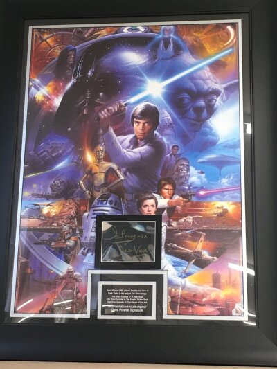 A framed and signed Star Wars poster display with the signature of Dave Prowse with COA, approx 76cm x 96cm including frame.