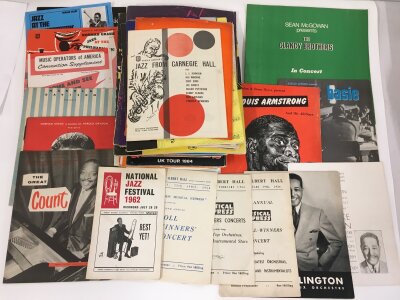 A collection of approx 80 jazz concert programs comprising mostly 1950s UK and US examples for artists such as Duke Ellington, Count Basie, Louis Armstrong and others.