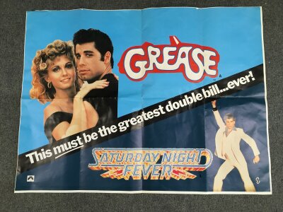 A UK quad Grease / Saturday Night Fever double bill film poster, folded. Approx 30" x 40".