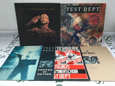 Five Test Dept LPs comprising Terra Firma, Beating the Retreat and others.