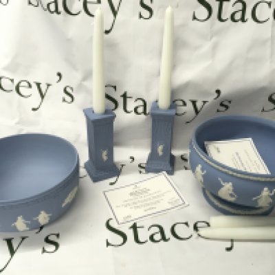 Wedgwood Japserware Millennium candlesticks and Jasperware bowls. This lot cannot be posted