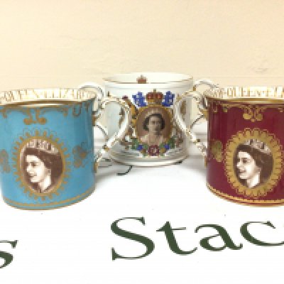 Two Royal Albert Porcelain two handled bone china 1953 Royal Elizabeth II commemorative mugs and Tuscan mug no obvious damage except very minor gilt edge rubbing on the Tuscan mug. NO RESERVE. (3)