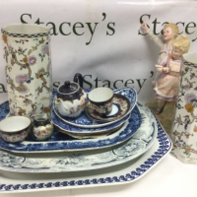 A collection of Victorian meat plates, a bisque figural group, a pair of Wilkinson vases etc. Shipping category D.