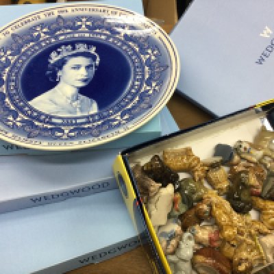 Four Wedgwood commemorative plates and a collection of Wade Whimsies