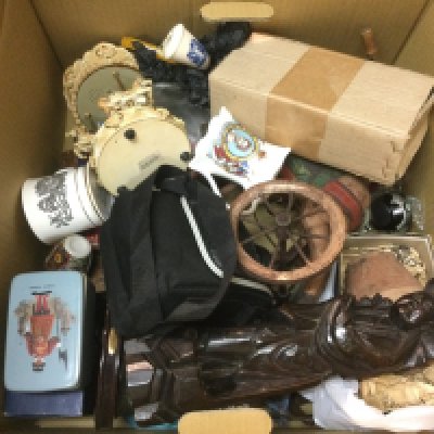Three boxes of ceramics and other oddments. Shipping category D.