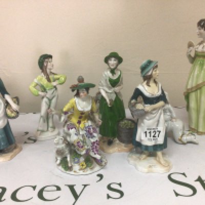 A collection of porcelain figures including an early 19th century figure possibly Chelsea with gold anchor mark and other Victorian and later ceramic figures.