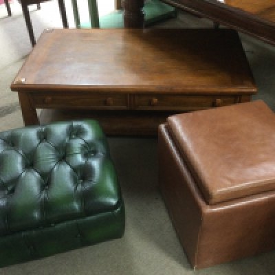 A modern oak coffee table, a tan leather footstool and storage unit plus one other (3).