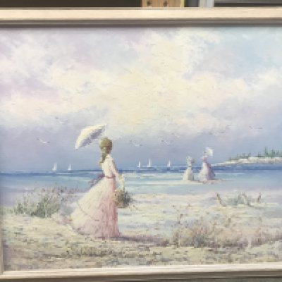 A mid 20th century style framed French Impressionist oil on canvas painting of a lady at a beach signed Marie Charlot , dimensions 46x66cm