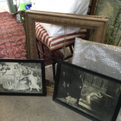 A collection of gilt and gesso picture frames and charcoal studies. 45cm wide 34cm tall, birth of Venus 47cm wide 31cm tall. This lot cannot be posted